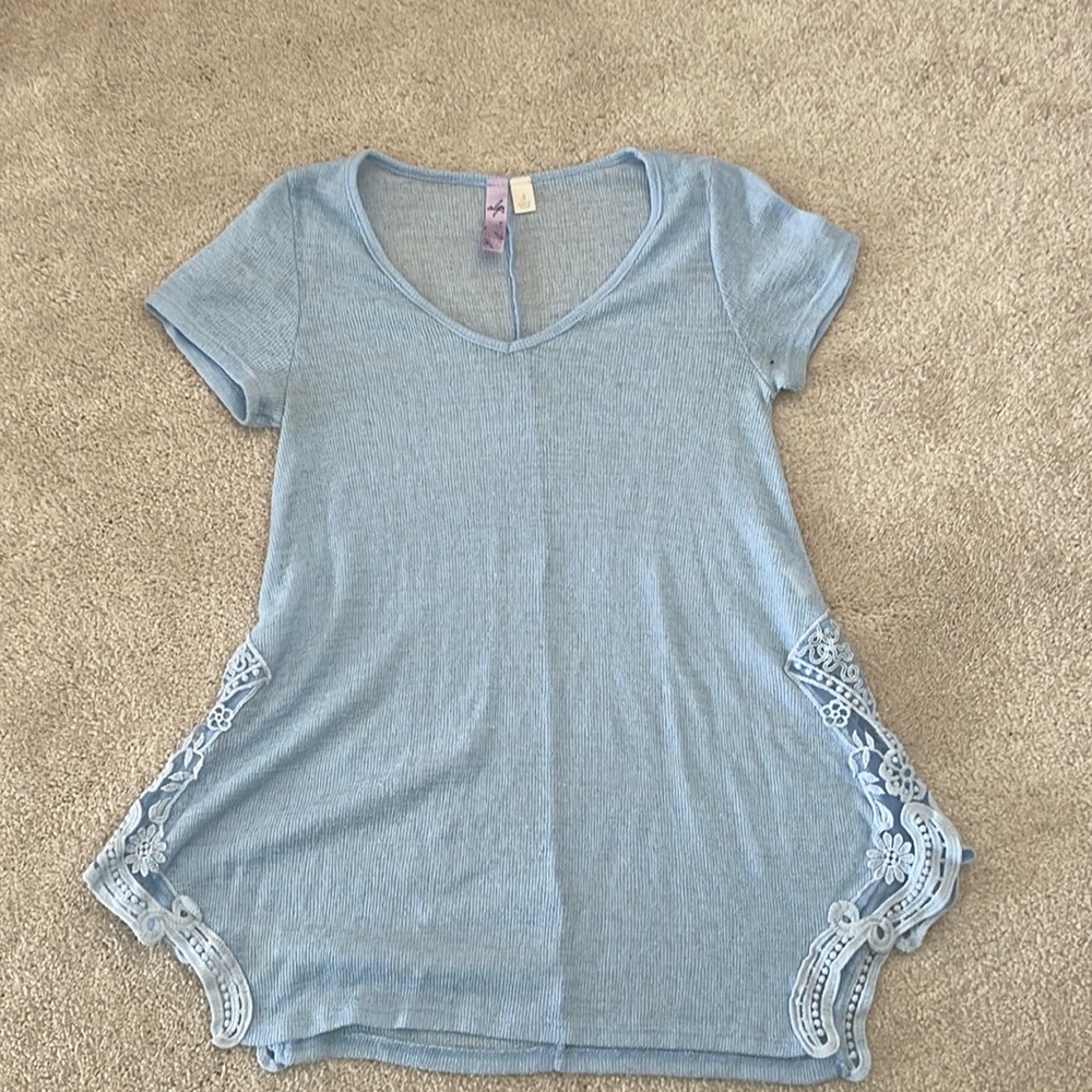 Powder blue crochet and knitted blouse. Size small. Beautiful color!